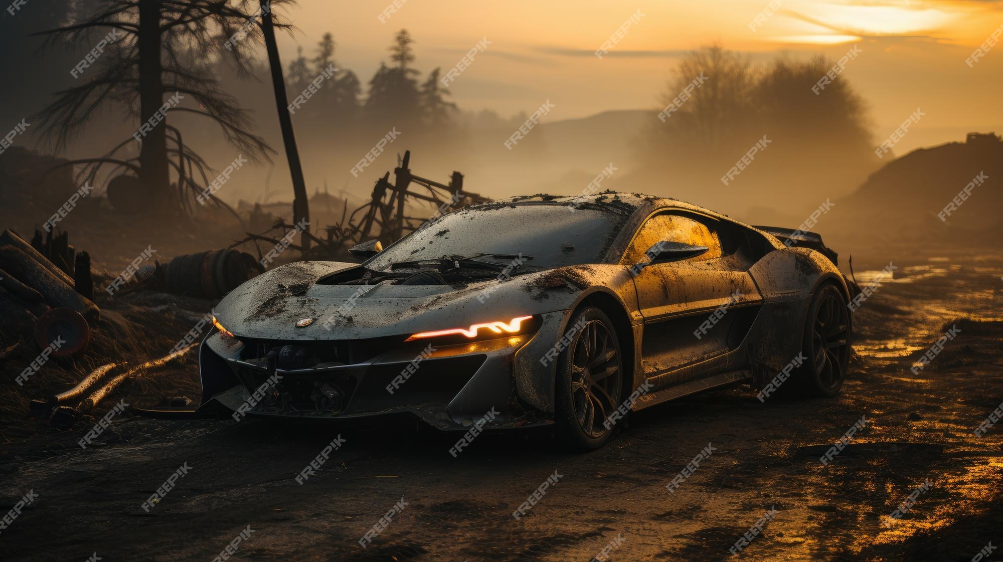 Retrô super carro destruído pós apocalipse paisagem jogo papel de parede  foto arte ilustração ferrugem