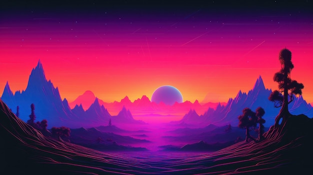 Retro-Synthwave-Landschaft mit kräftigen Farben, KI-generativ