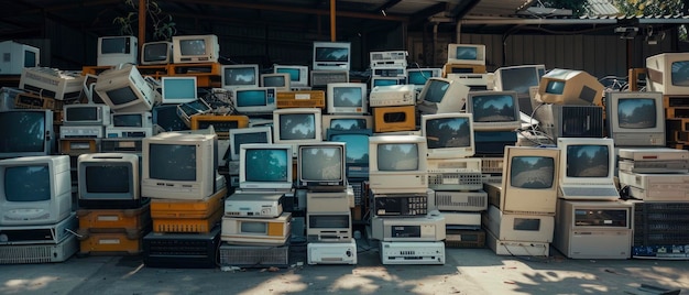 Retro Tech Relics IT Junk de las décadas de 1980 y 1990 a la espera de reciclar un recordatorio nostálgico de la evolución tecnológica