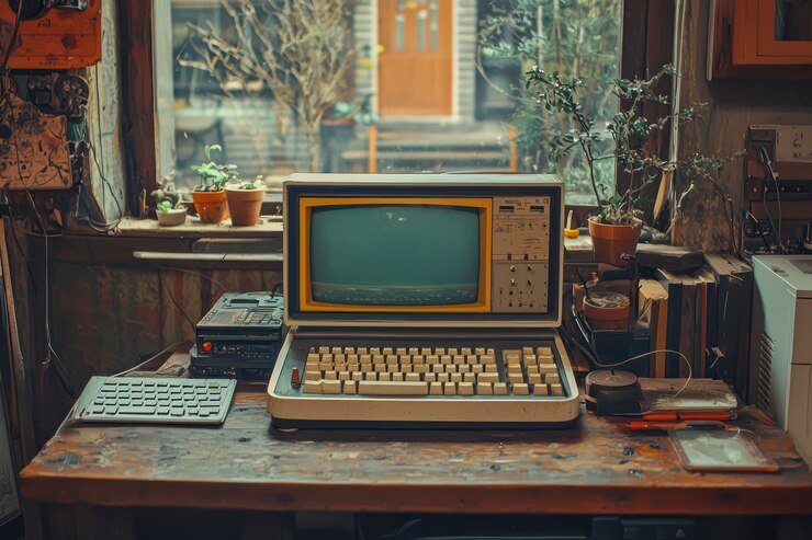 Foto retro tech vibes imagen de encabezado impresionante con tema de computadora antigua