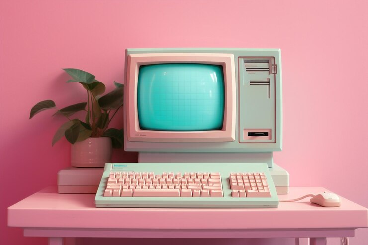 Foto retro tecnología azul monitor computadora oficina pantalla ciberespacio rosa concepto digital