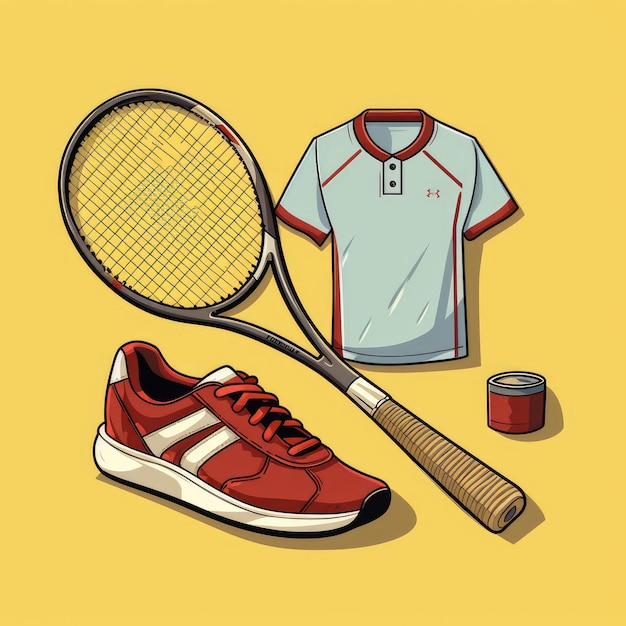 Retro-Tennis-Essentials Eine Vintage-Kollektion von Einzeltennisschläger, Tennisschuhe und Tennisschlägern