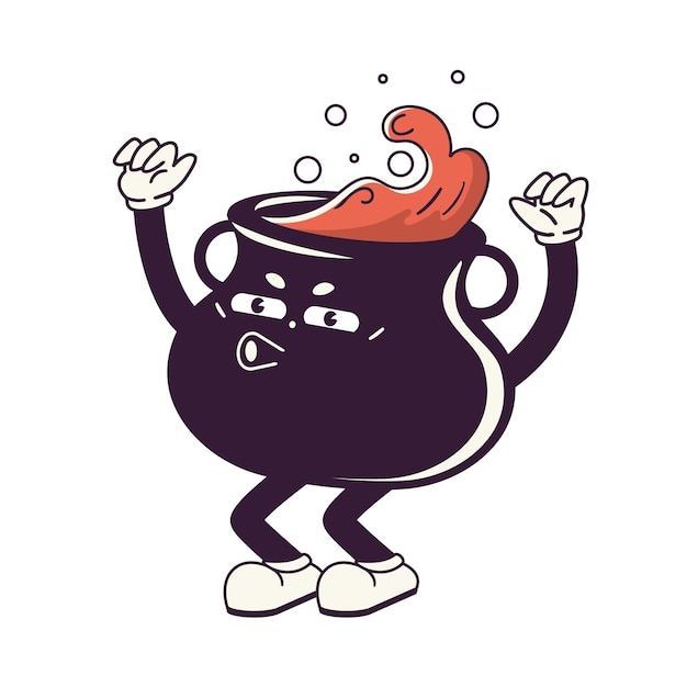Retro-trendy Comic-Maskottchen von pfeifendem Kessel-Bowler-Hut mit Beinen und Händen in Handschuhen