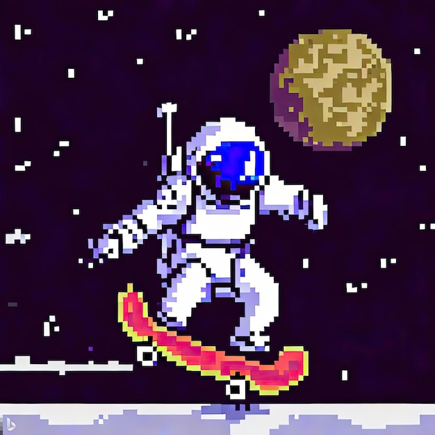 Foto retro-verpixelter astronaut mit skateboard und dem mond