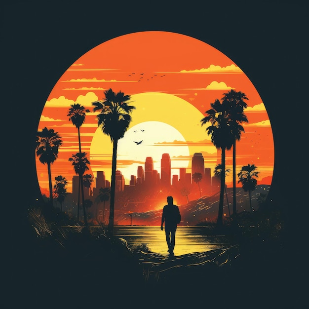 Retro Vibes silueta de Los Ángeles en la década de los 70 camiseta gráfica como el atardecer establece el fondo perfecto