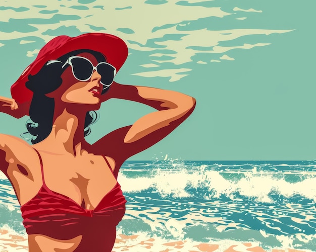 Retro vintage de los años 70 mujer en la playa ilustración con colores vibrantes