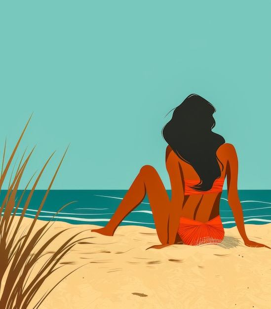 Retro vintage de los años 70 mujer en la playa ilustración con colores vibrantes