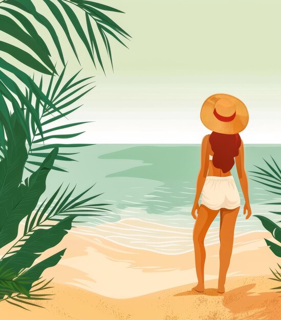 Retro vintage de los años 70 mujer en la playa ilustración con colores vibrantes