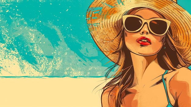 Retro vintage de los años 70 mujer en la playa ilustración con colores vibrantes