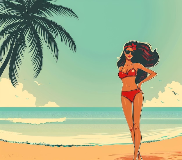 Retro vintage de los años 70 mujer en la playa ilustración con colores vibrantes