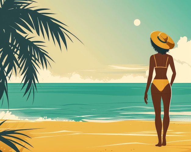 Retro vintage de los años 70 mujer en la playa ilustración con colores vibrantes