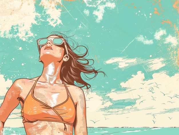 Retro vintage de los años 70 mujer en la playa ilustración con colores vibrantes