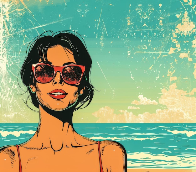 Retro-Vintage-Frau aus den siebziger Jahren am Strand-Illustration mit lebendigen Farben