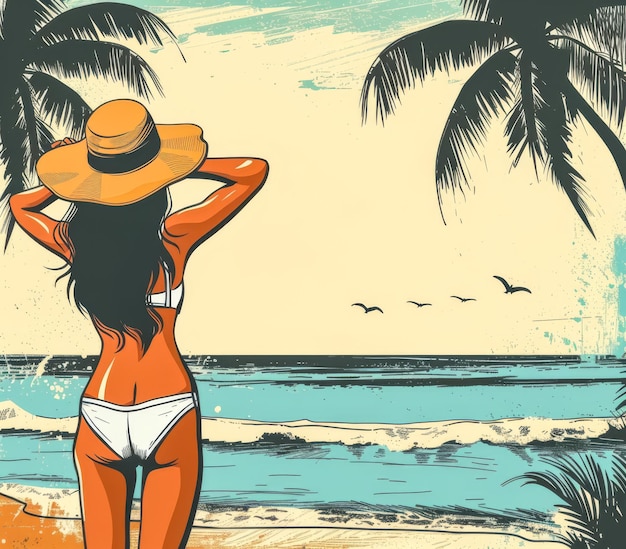 Retro-Vintage-Frau aus den siebziger Jahren am Strand-Illustration mit lebendigen Farben