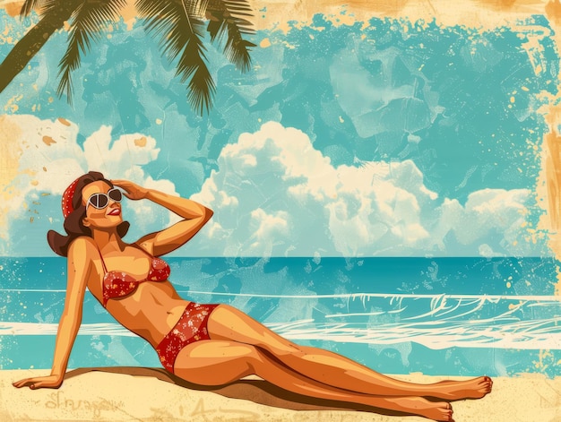 Retro-Vintage-Frau aus den siebziger Jahren am Strand-Illustration mit lebendigen Farben