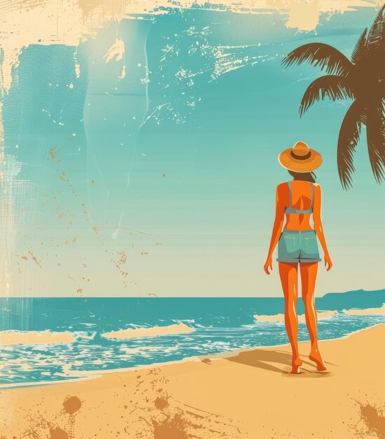 Retro-Vintage-Frau aus den siebziger Jahren am Strand-Illustration mit lebendigen Farben