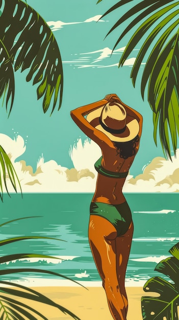 Retro-Vintage-Frau aus den siebziger Jahren am Strand-Illustration mit lebendigen Farben