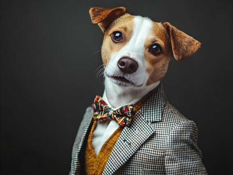 Retro vintage Retrato de un perro con un traje elegante en un fondo gradiente