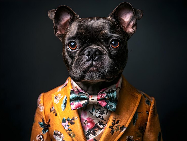 Retro vintage Retrato de un perro con un traje elegante en un fondo gradiente