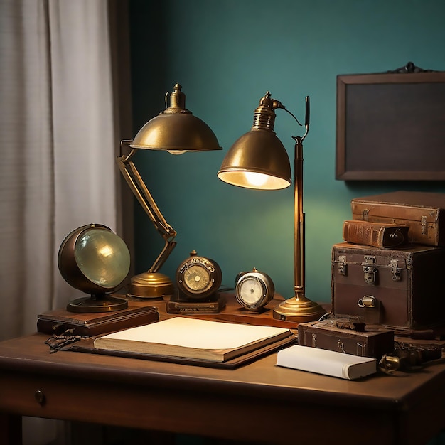 Foto retro vintage work desk with old lamp