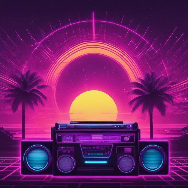 Foto retro wave 3d boom box galaktischer hintergrund neon