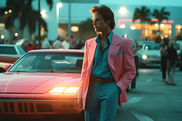 Retro wave vice homem modelado por Miami perto de carro esporte retrô Cena do pôr do sol em Miami dos anos 80 Synth wave Outrun Nostalgia Fashion Look Book Generative ai