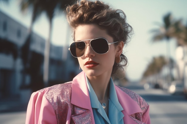 Retro wave vice Miami fashion woman Cena do pôr do sol em Miami dos anos 80 Synth wave Outrun Nostalgia Fashion Look Book Generative ai