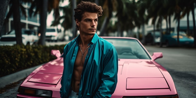 Retro wave vice Miami fashioned man near retro sport car Escena de puesta de sol en Miami de 80's Synth wave Outrun Nostalgia Fashion Look Book Generative ai