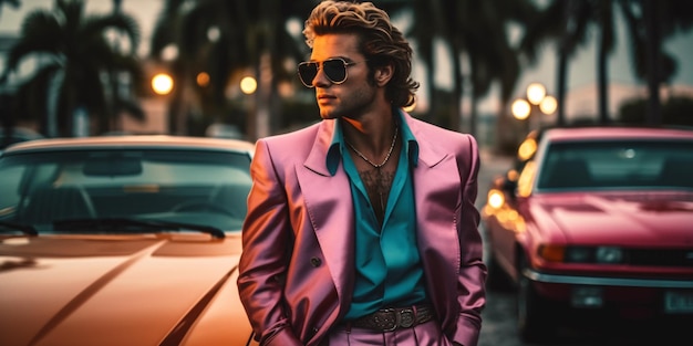 Retro wave vice Miami fashioned man near retro sport car Escena de puesta de sol en Miami de 80's Synth wave Outrun Nostalgia Fashion Look Book Generative ai