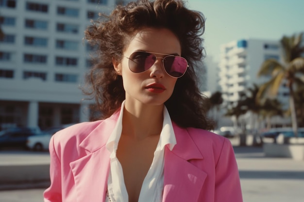 Retro wave vice Miami fashioned woman Escena del atardecer en Miami de los 80's Synth wave Outrun Nostalgia Fashion Look Book Generative ai