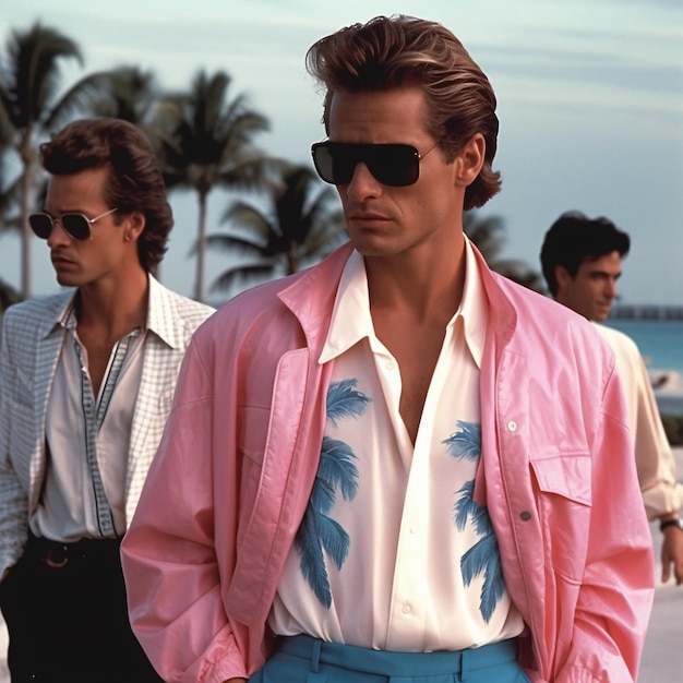 Retro wave vice Miami homem de óculos de sol Cena do pôr do sol em Miami dos anos 80 Synth wave Outrun Nostalgia Fashion Look Book Generative ai