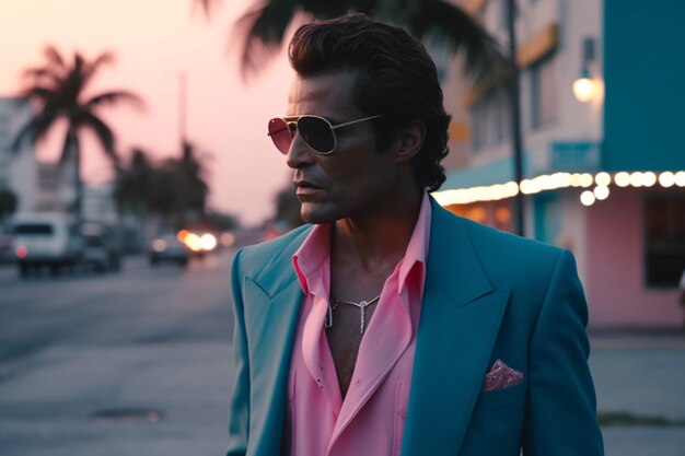 Retro wave vice Miami moda hombre con gafas de sol Escena de puesta de sol en Miami de 80's Synth wave Outrun Nostalgia Fashion Look Book Generative ai