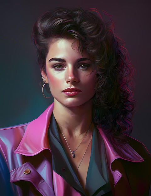 Retro wave vice Retrato de mulher à moda de Miami Cena do pôr do sol em Miami dos anos 80 Synth wave Outrun Nostalgia Fashion Look Book Generative ai