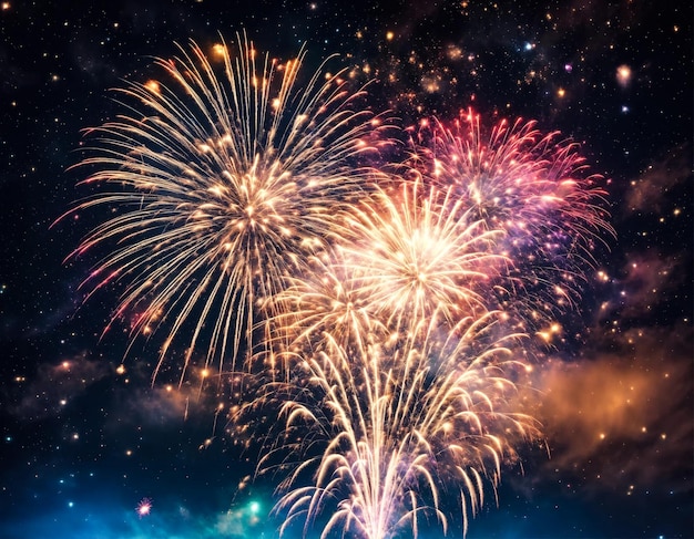 Foto retro-weißer feiertagsfeuerwerk-hintergrund mit funkelnfarbigen sternen und hellen nebel am schwarzen nachthimmel erstaunliche schönheit farbenfrohe feuerwerk auf der feier, die feiertags-hintergründe zeigt