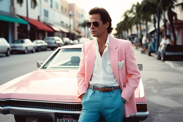 Retro-Wellen-Vice Miami gestalteter Mann in der Nähe von Retro-Sportwagen Sonnenuntergangsszene in Miami der 80er Synth-Welle Outrun Nostalgie Mode-Look-Buch Generative KI