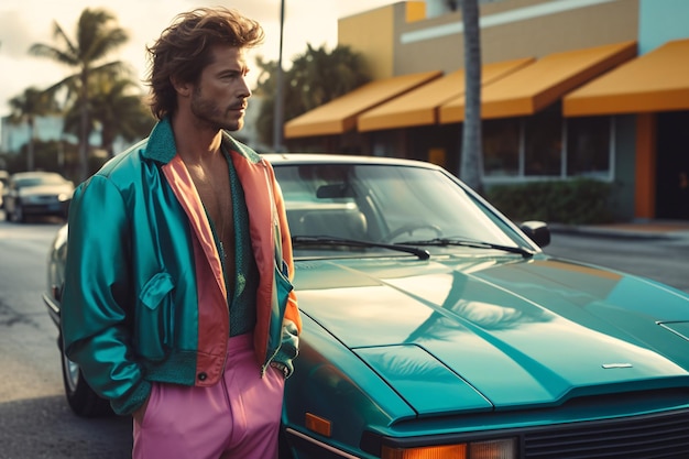 Retro-Wellen-Vize Miami gestalteter Mann in der Nähe von Retro-Sportwagen Sonnenuntergangsszene in Miami der 80er Synth-Welle Outrun Nostalgie Mode-Look-Buch Generative KI