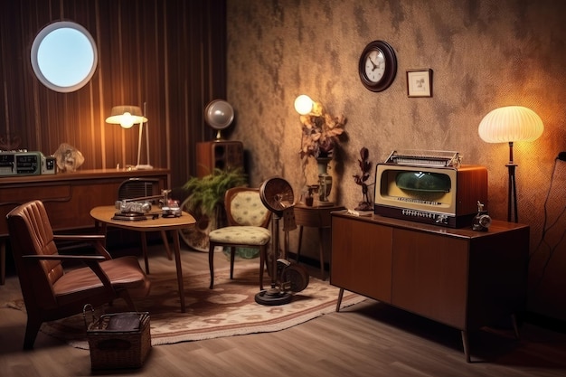 Retro-Zimmer mit Hightech-Geräten und Vintage-Möbeln