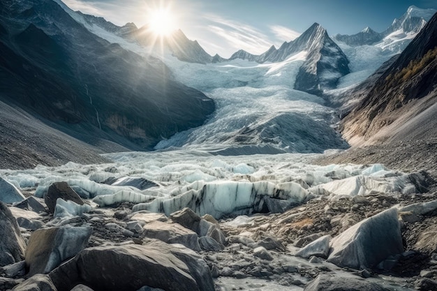 Retroceso del glaciar en los Alpes que enfatiza la pérdida de hielo glacial debido al cambio climático