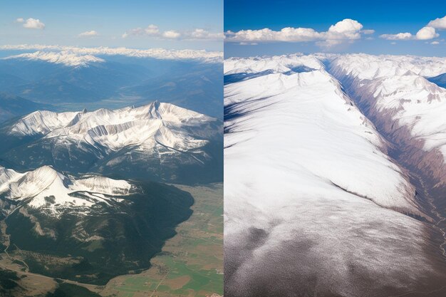 Foto retrocesso das linhas de neve e desaparecimento da capa de neve nas regiões montanhosas