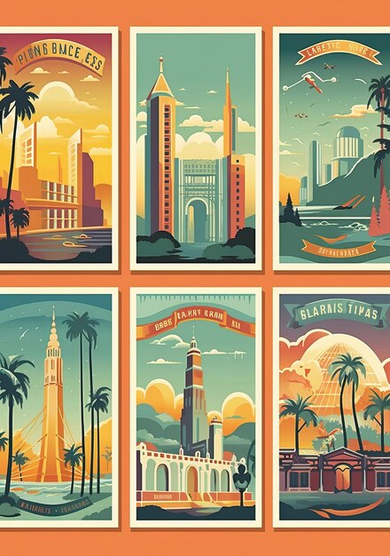 Retrodiseño de dibujos animados en color, carteles de viaje a Los Ángeles, fondo blanco, foto en HD, blanco aislado.