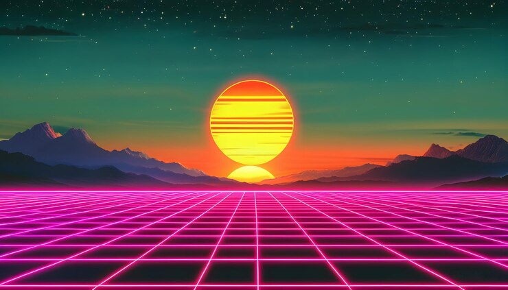 Retrofuturista cuadrícula de neón con puesta de sol y montañas en estilo de onda sintética