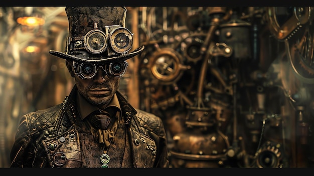 Foto retrofuturista steampunk homem com um chapéu de relógio e óculos de proteção de pé em uma sala escura com um monte de máquinas steampunk