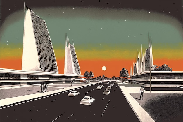 Retrofuturistische Landschaft im Sci-Fi-Stil der 80er Jahre Retro-Science-Fiction-Szene mit futuristischen Gebäuden generierte KI