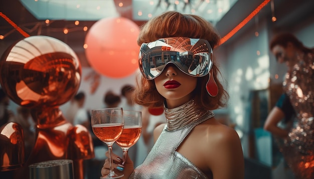 Retrofuturistisches Foto einer Party in futuristischer Mode