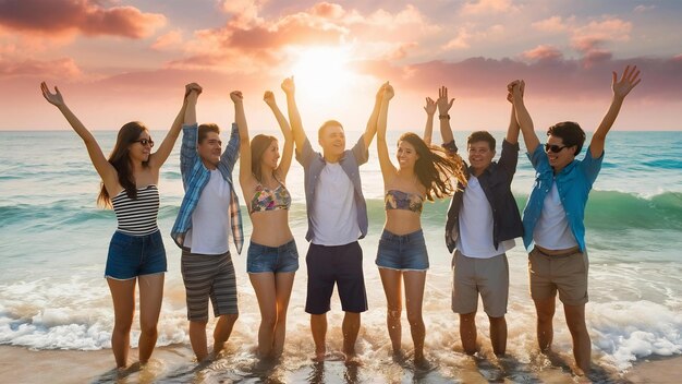 Retrospectiva de amigos na praia levantando os braços