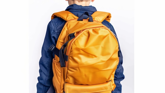 Foto retrospectiva de um menino com uma mochila amarela se preparando para seu primeiro dia de escola em branco