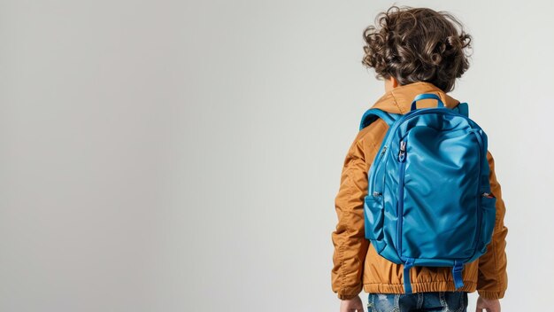 Foto retrospectiva de um menino com uma mochila azul a preparar-se para o primeiro dia de escola