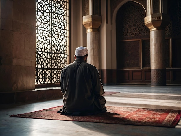 Foto una retrospectiva de un hombre musulmán orando en una mezquita ia generativa