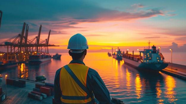 Retrospectiva de un ingeniero con chaleco de seguridad naranja y casco fuerte en barcos y contenedores de puerto ocupados al amanecer