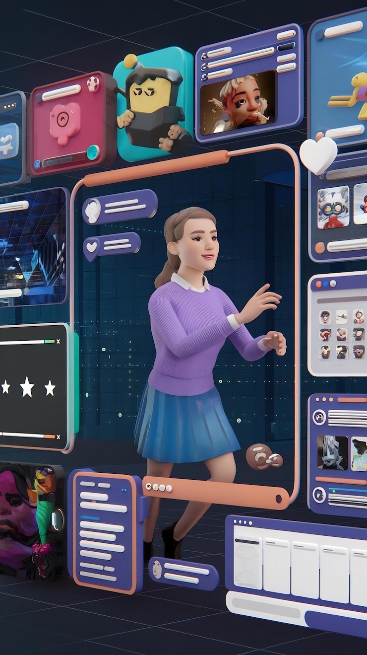 Foto retrospectiva de una mujer caucásica entrando en el ciberespacio 3d con interfaces de redes sociales animadas en línea vi
